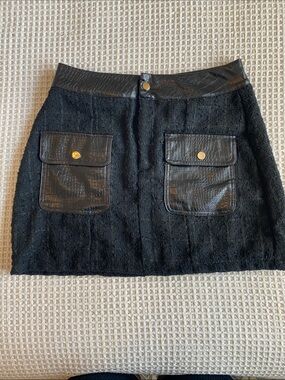 Black Tweed Mini Skirt with Faux Leather Pockets